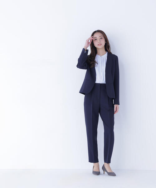 美品 現行タグ NBB ダブルクロス ノーカラー パンツスーツ サイズL 濃紺 NATURAL BEAUTY BASIC（ナチュラルビューティーベーシック