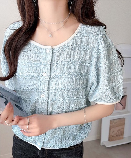 美品　未使用 ライトブルー フリル袖 半袖カーディガン mily bilet カーディガン 夏 半袖 「mily bilet」フレンチシックな装い