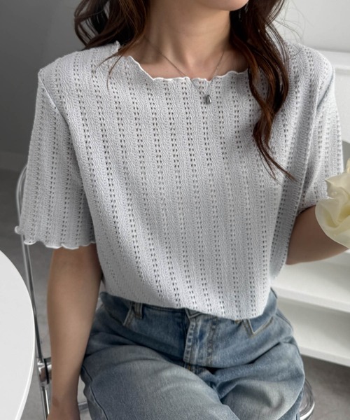 RANAN（ラナン） tシャツ 半袖 透かし柄メロー配色Tシャツ レディース