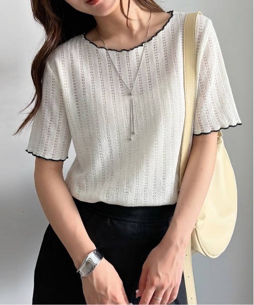 RANAN（ラナン） tシャツ 半袖 透かし柄メロー配色Tシャツ レディース