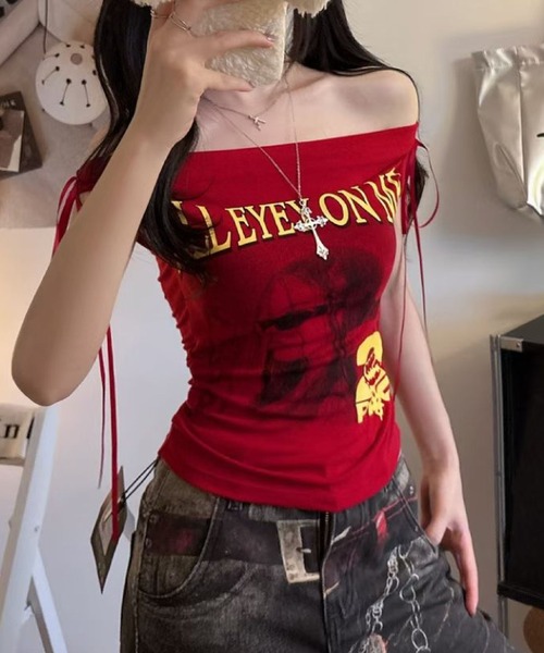2ly2 tシャツ 半袖 オフショルダー トップス カップ付き 半袖 肩出し