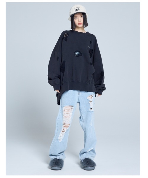 トレーナー スウェット littlesunnybite/リトルサニーバイト/damaged big sweat top レディース メンズの画像