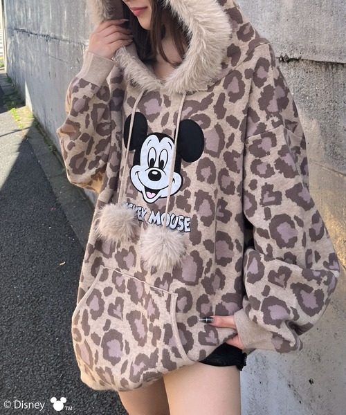 ニット セーター 「Disney/ディズニー/ミッキーマウス」レオパードニットフーディー レディース