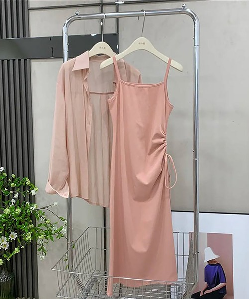 SinceThenリボン長袖ワンピースキャミワンピースセットシフォン Girly Doll ワンピース ツーピースセット シアーシフォンシャツ