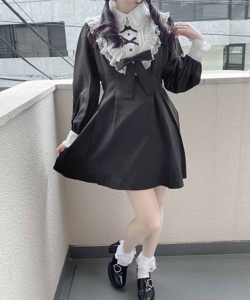 美品【リヴェロフォンナ】フリルヨーク とろみワンピース Aライン ゆったり 軽量 ROJITA ワンピース 【WEB限定】ヨークフリルリボンワンピース