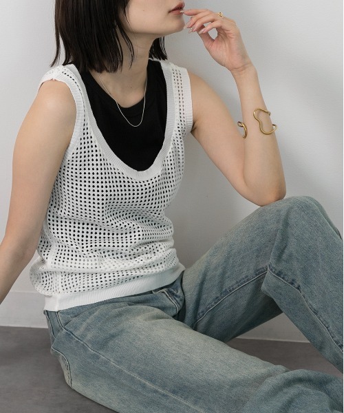 ad thie（アドティエ） タンクトップ ノースリーブ 透かし編み ニット