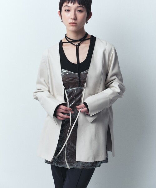 リボンノーカラージャケット最終価格 CODE A ジャケット ノーカラージャケット front ribbon leather jacket