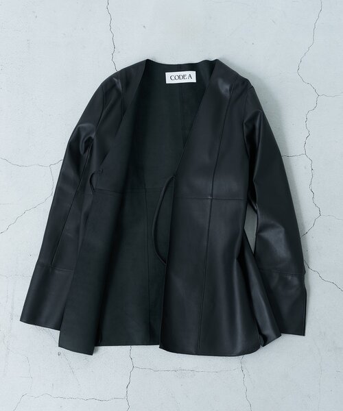 CODE A ジャケット ノーカラージャケット front ribbon leather jacket