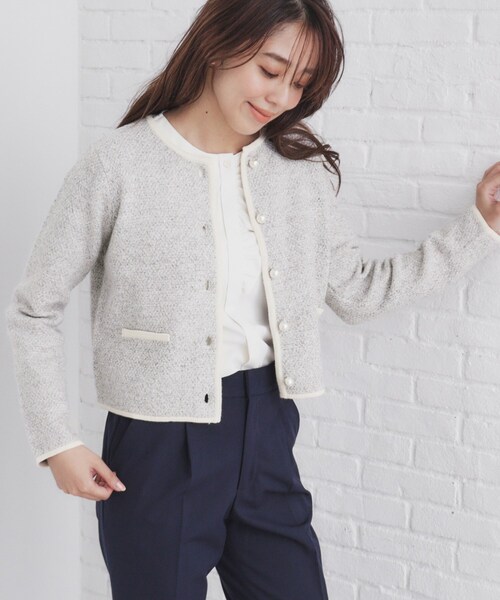 ノーカラーカーディガン♡ツイードライク♡2024SS現行品 index カーディガン パール調ツイードライクノーカラー