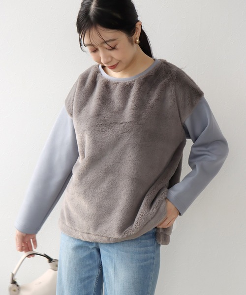 tシャツ フェイクファー×ダンボールドッキングトップス レディース