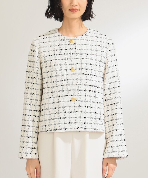 【美品】 デミルクスビームス ノーカラージャケット ツイード ラメ入り 38 白 Demi-Luxe BEAMS（デミルクス ビームス）ツイード ノーカラー