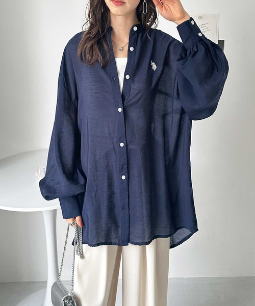 ブラウス シャツ GeeRA別注「U.S. POLO ASSN.」夏 にぴったり！バンドカラーワンポイント刺繍シアーシャツ レディース セール】GeeRA別注【U.S. POLO ASSN.】夏 にぴったり！バンド