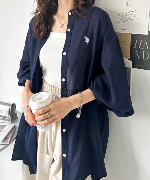 ブラウス シャツ GeeRA別注「U.S. POLO ASSN.」夏 にぴったり！バンドカラーワンポイント刺繍シアーシャツ レディース セール】GeeRA別注【U.S. POLO ASSN.】夏 にぴったり！バンド