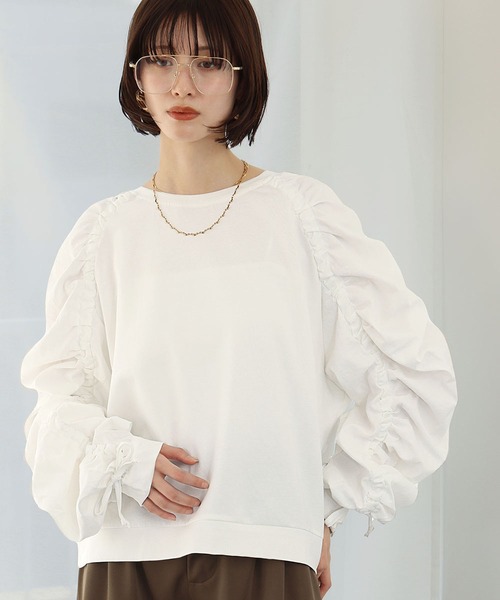 Ampirula tシャツ シャーリングボリュームスリーブ異素材MIXプル