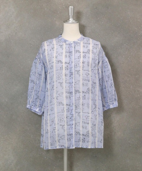 【 セール 30％OFF 】 麻100％ストライプ総柄七分袖ブラウス 売れ筋商品|||スタジオピッコーネ レディース 麻100％ストライプ総柄七分袖ブラウス（シャツ/ブラウス