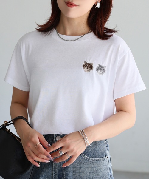 Riberry（リベリー） tシャツ ネコ刺繍半袖Tシャツ レディース