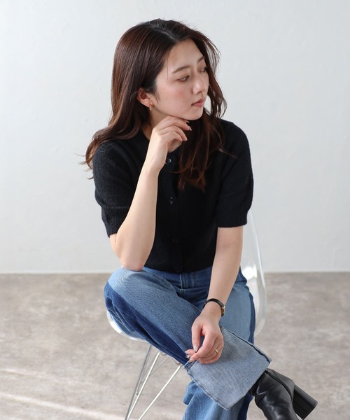 ENC カーディガン 夏 半袖 front black button summer knit cardigan