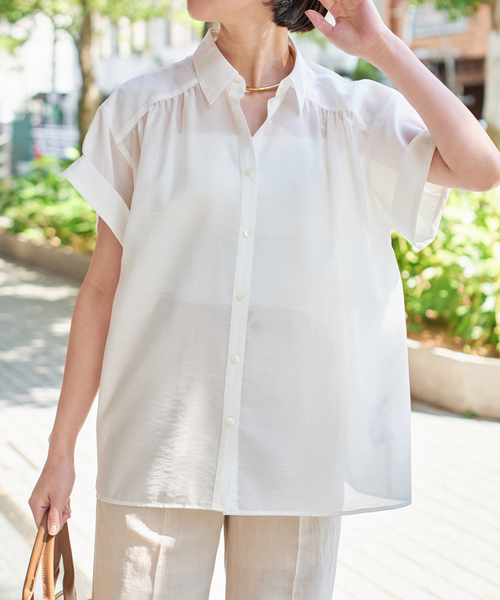 「Spick & Span」 7分袖ブラウス FREE ホワイト レディース Spick＆Span ブラウス シャツ ソフトローンギャザー半袖シャツ