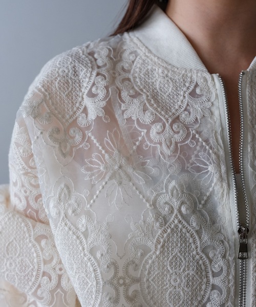 ◆ブルゾン アウター 刺繍デザイン L 花 フラワー フルジップ レディース Lien Select ブルゾン アウター レース刺繍ブルゾン レディース