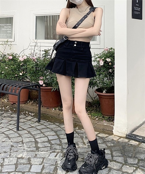 FREE STYLISTS デニムスカート 裾切替プリーツデニムミニスカート
