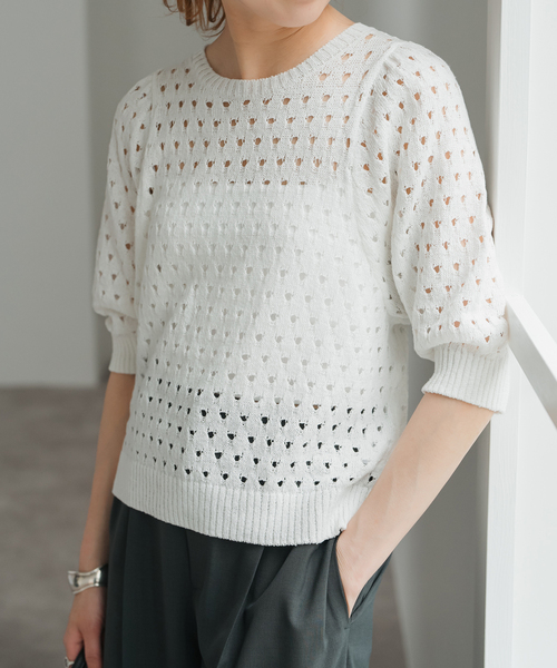 Spick and Span 今期　透かしドット柄パフスリーブニット Spick＆Span ニット セーター 透かしドット柄パフスリーブニット