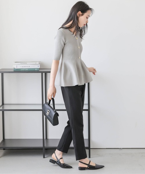 【サックス2】ペプラムリブニット セール】【日本製】2WAYペプラムリブニットトップス（Tシャツ