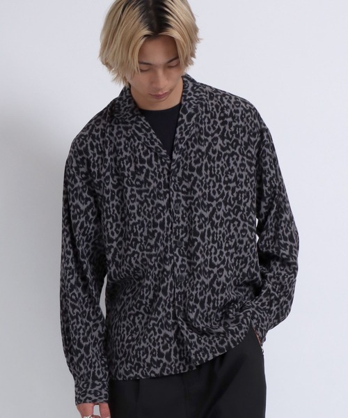 【Steady】半袖開襟シャツ　レオパード　ヒョウ柄　黒　SIZEM Steady】半袖開襟シャツレオパードヒョウ柄黒SIZEM