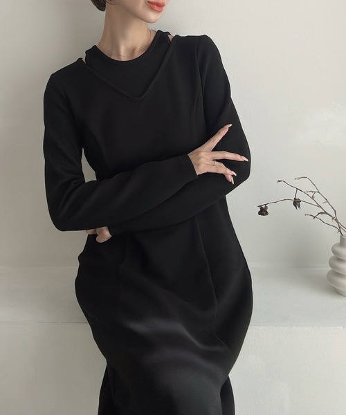 ReAmour リアムール 配色レイヤードワンピース ブラック ReAmour