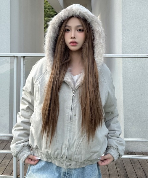 配色ファー フード付き ダウン風 中綿ジャケット レディース アウター コート 長袖 スリム ウエストシェイプ モコモコ ふわふわ ジップアップ 前開き ファーチャーム付き ポリエステル 大人 可愛い シンプル カジュアル おしゃれ 冬 普段使い 大きいサイズ 2XL 3XL 黒 ピンク 2ly2 コート アウター ふんわりフェイクファーフード付き中綿