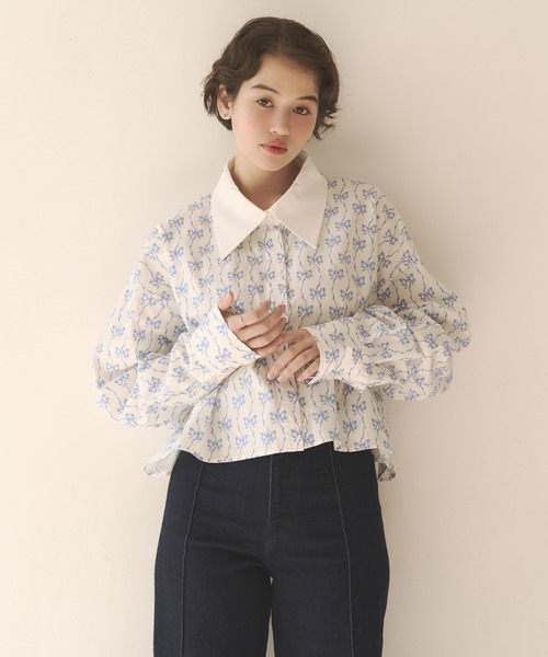 キャスキッドソン　ショート丈ビッグシャツ　Ribbon Bow Sax Cath Kidston（キャス・キッドソン） ブラウス シャツ ショート丈