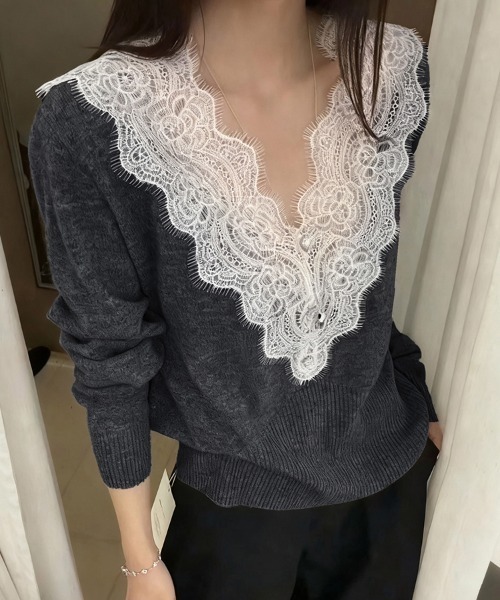 ルネ♡レースニット ニット セーター レース付きVネックニット レディース : ZOZOTOWN