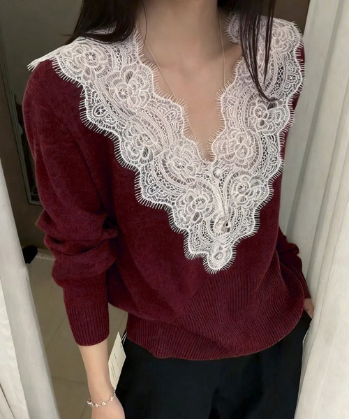 ニット セーター レース付きVネックニット レディース : ZOZOTOWN