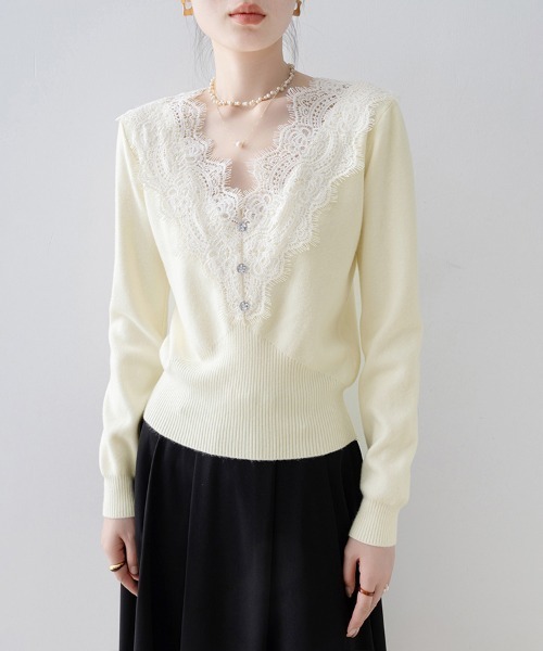 ニット セーター レース付きVネックニット レディース : ZOZOTOWN