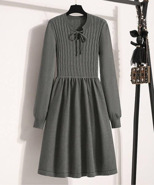 ワンピース リボンスキッパーネックニットフレアワンピース : ZOZOTOWN