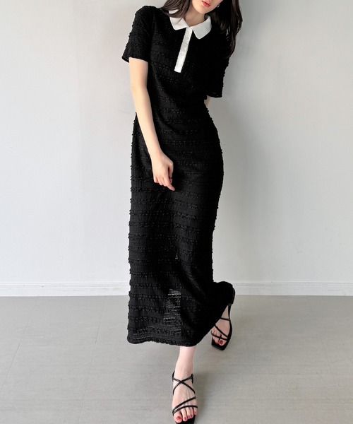 フリル袖 黒 ポロワンピース JUNOAH（ジュノア） ワンピース ストレッチフリルカットポロワンピース