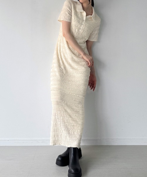 JUN&ROPE ボアワンピース ホワイト JUNOAH（ジュノア） ワンピース ストレッチフリルカットポロワンピース