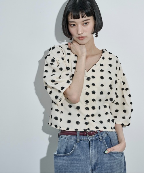 新品未使用　タグ付き PATOU ドット柄 クロップドTシャツ 半袖 THE Yon ブラウス シャツ 2wayドットジャガードタックスリーブ