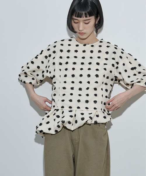 ブラウス シャツ 2wayドットジャガードタックスリーブクロップドブラウス レディースの画像