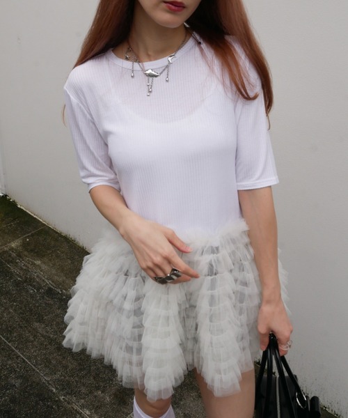 HONEY MI HONEY（ハニーミーハニー） tシャツ 半袖 tulle peplum rib
