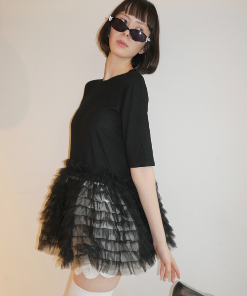 HONEY MI HONEY（ハニーミーハニー） tシャツ 半袖 tulle peplum rib