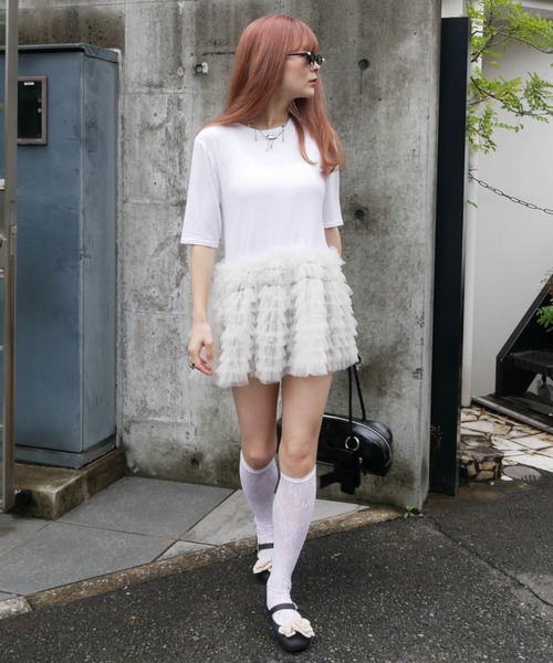 HONEY MI HONEY（ハニーミーハニー） tシャツ 半袖 tulle peplum rib