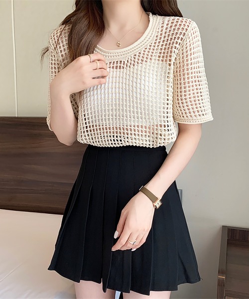 Girly Doll tシャツ Tシャツ 透かし編み半袖サマーニット