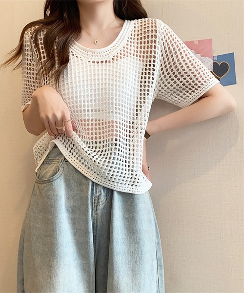 clane 透かし編みニット半袖Tシャツ 楽天市場】透かし編みニット 半袖 トップス レディース Tシャツ