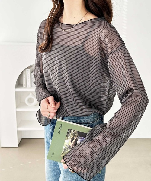 GeeRA tシャツ シアーボーダーカットソートップス レディース