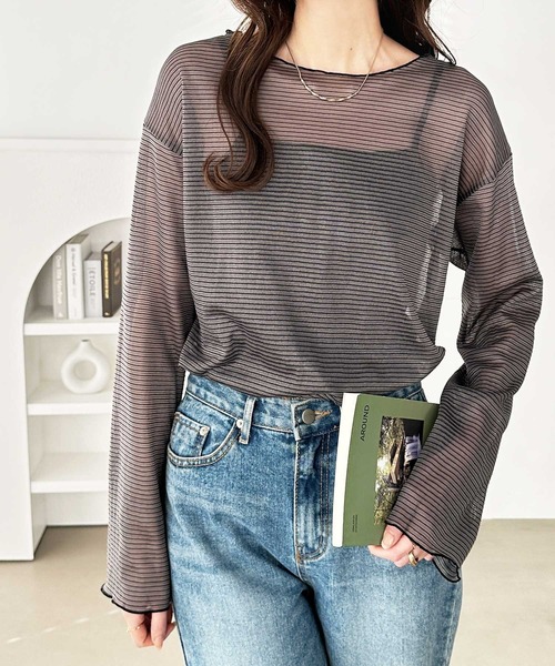 GeeRA tシャツ シアーボーダーカットソートップス レディース