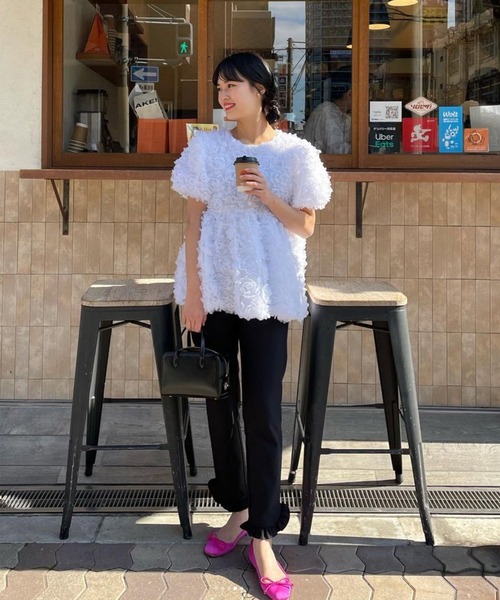 tシャツ Tシャツ ふわふわフラワーモチーフトップス レディース 