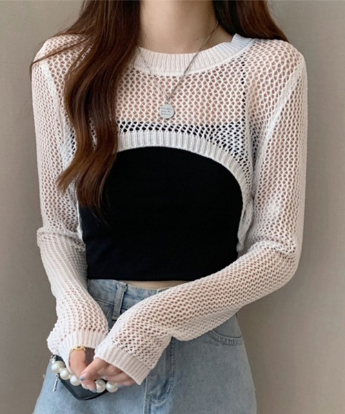 ニット セーター メッシュ編みショート丈ニット/洗える レディース miniministore ニット セーター メッシュ編み ニットトップス