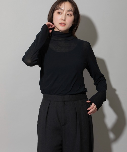 tシャツ シアーストレッチリブタートルネックプルオーバー レディース