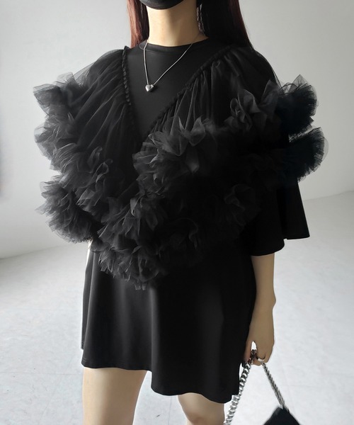 tシャツ 「 ２color 」フリルスリーブボリュームチュールドッキングトップス ／ frill sleeve voluminous tulle me+em select tシャツ 「 2color 」V字フリルボリューム