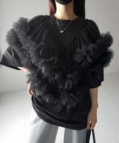 tシャツ 「 ２color 」フリルスリーブボリュームチュールドッキングトップス ／ frill sleeve voluminous tulle me+em select tシャツ 「 2color 」フリルスリーブボリューム